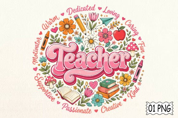 Retro Floral Teacher Png