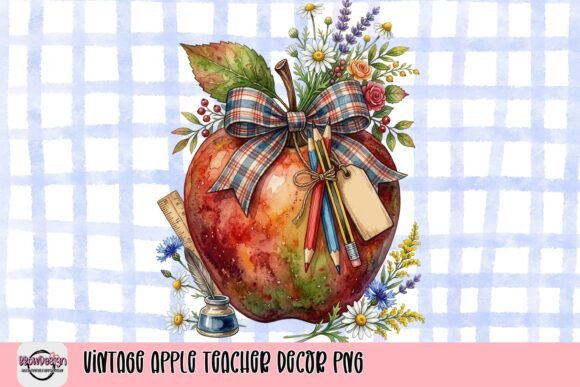 Vintage Apple Teacher Decor PNG